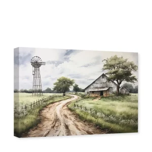 ZHONGYUTONG Barn Canvas Picture Farmhouse Wall Art Country Barn Painting Windmill Prints (12"x18")